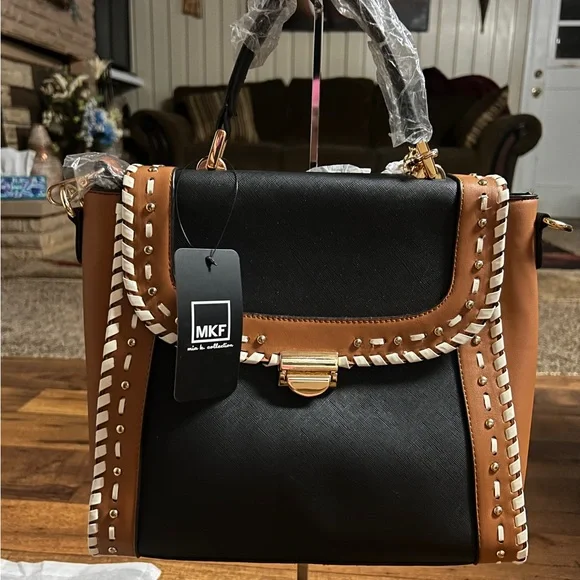 MKF Collection by Mia K Flora ~ Brown/Beige Leather W/ Flora Satchel Bag ~ New - Picture 2 of 16